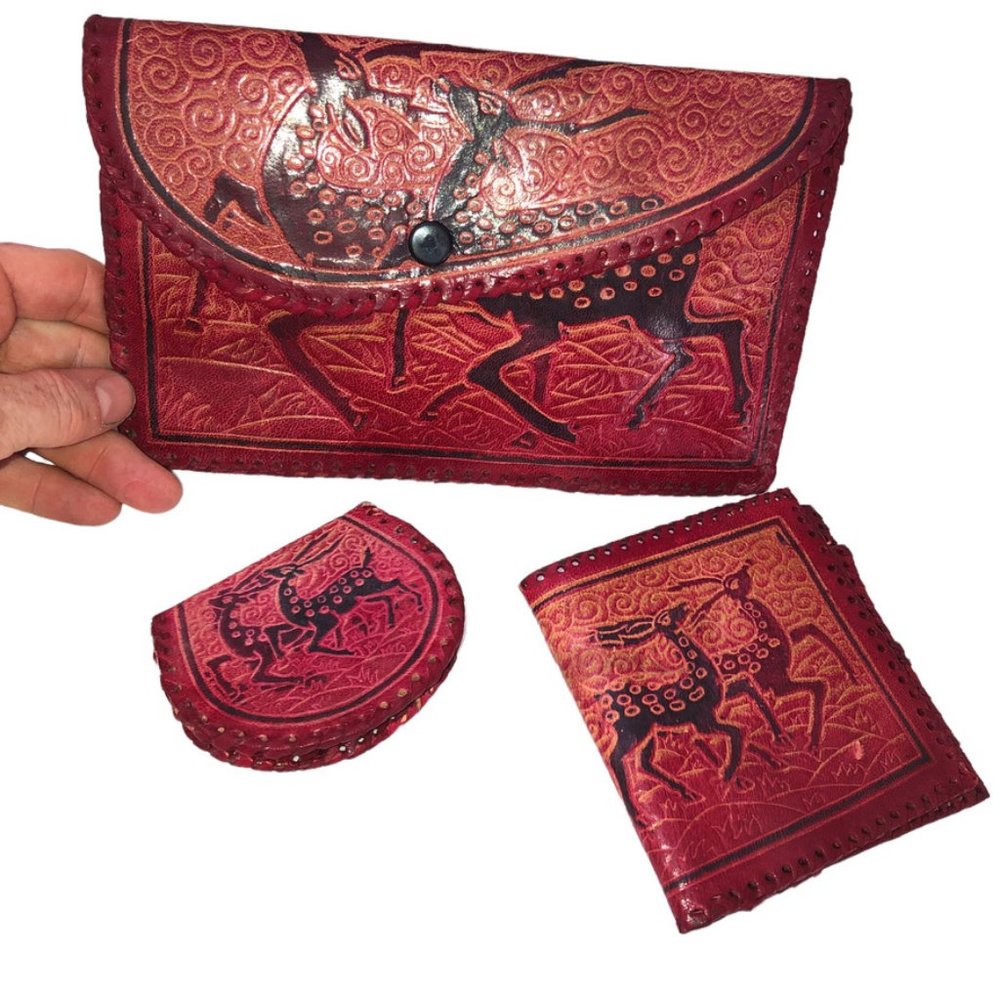 3 Piece Set South American hooved Deer TOOLED LEATHER wallet case set E…
